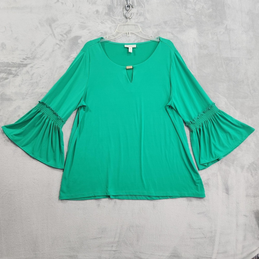 Dana Buchman Top Womens XXL Green Gold‎ Scoop Neck Bell Sleeve Tunic Stretch